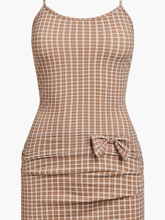 Lioness Dresses & Skirts - Lioness Brown and White Plaid Spaghetti-Strap Dress with Bow